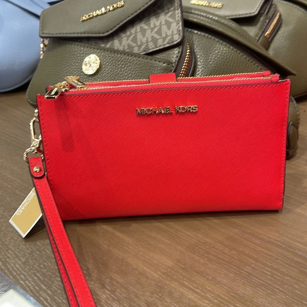 Michael Kors Jet Set Travel Large Double Zip Leather Wristlet phone holder NWT